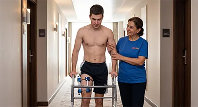 Daily caregiver assisting a limb lengthening patient